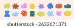 Cute abstract shape characters set. Funny doodle blobs with faces with different emotions, facial expressions, happy smiling emojis in modern geometric style. Isolated kids flat vector illustrations.