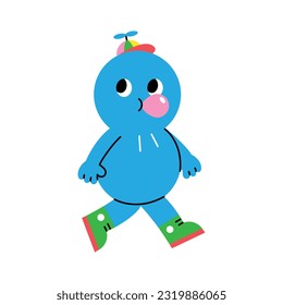 Cute abstract shapes characters. A blue peanut figure character is walking while blowing bubble gum.