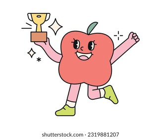 Cute abstract shapes characters. A figure that looks like an apple is running excitedly while holding a championship trophy.