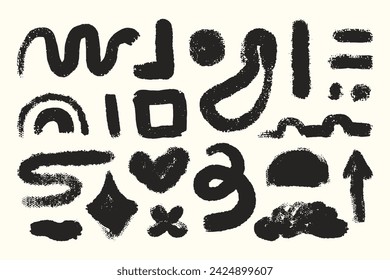 Cute abstract shapes in scribble style. Black doodles, squiggles, heart, flower, wavy lines, swirls, arrow shape set. Hand drawn vector illustration