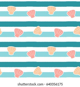 cute abstract shells on blue stripes background seamless vector pattern illustration