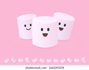 Cute abstract simple characters group of marshmallows with smile face for  packaging logo of snacks and sweets on pink background, isolated logo vector illustration