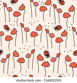 cute abstract simple seamless vector pattern illustration with red poppies flowers and red ladybug insects on pastel background