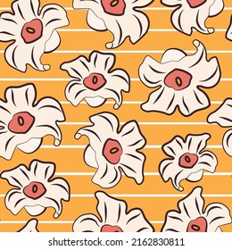 cute abstract simple seamless vector pattern illustration with colorful flower on yellow and white striped background