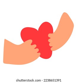 Cute abstract small child's hands holding a heart. Vector illustration. Symbol of love, empathy, parenting, compassion, innocence.