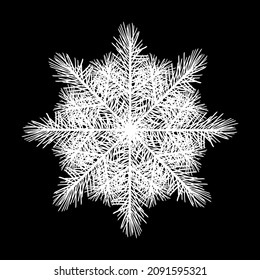 El copo de nieve abstracto se crea con ramas de coníferas de un árbol de Navidad. Silueta blanca de copo de nieve sobre fondo negro. El agua congelada representa un patrón. Vector.