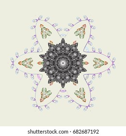 Cute abstract snowflake vector design on colorful background. Flat snow doodle icons, snow flakes silhouette in colors for christmas banner, cards. New year snowflake.