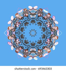 Cute abstract snowflake vector design on colored background. Flat snow doodle icons, snow flakes silhouette in colors for christmas banner, cards. New year snowflake.