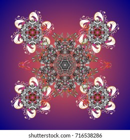 Cute abstract snowflake vector design on colored background. Flat snow doodle icons, snow flakes silhouette in colors for christmas banner, cards. New year snowflake.