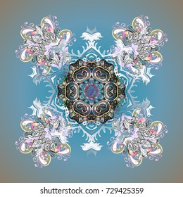 Cute abstract snowflake vector design on colored background. Flat snow doodle icons, snow flakes silhouette in colors for christmas banner, cards. New year snowflake.