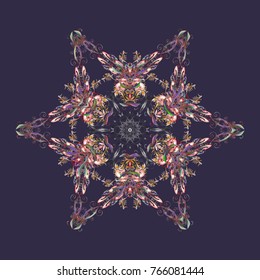 Cute abstract snowflake vector design on violet, pink and gray colors. Flat snow doodle icons, snow flakes silhouette for christmas banner, cards. New year snowflake.