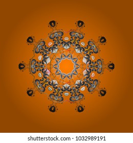 Cute abstract snowflakes vector design on orange, gray and white colors. Flat snow doodle icons, snow flakes silhouette for christmas banner, cards. New year snowflake.