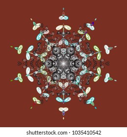 Cute abstract snowflakes vector design on colorful background. Flat snow doodle icons, snow flakes silhouette in colors for christmas banner, cards. New year snowflake.
