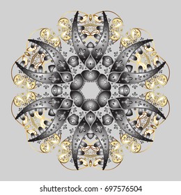 Cute abstract snowflakes vector design on gray background. Flat snow doodle icons, snow flakes silhouette in colors for christmas banner, cards. New year snowflake.