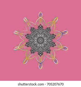 Cute abstract snowflakes vector design on colorful background. Flat snow doodle icons, snow flakes silhouette in colors for christmas banner, cards. New year snowflake.