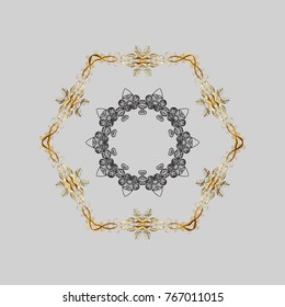 Cute abstract snowflakes vector design on gray and yellow colors. Flat snow doodle icons, snow flakes silhouette for christmas banner, cards. New year snowflake.