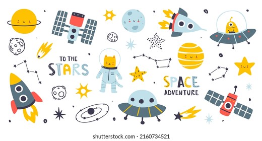 Cute abstract space set. Cosmic scandinavian vector collection. Doodle space stickers bundle.