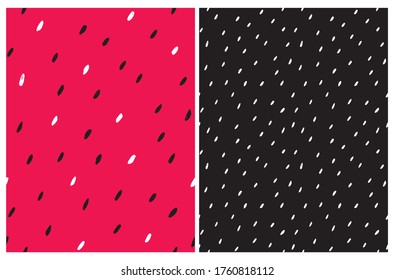 Cute Abstract Spots Seamless Vector Pattern. White and Black Irregular Brush Lines on a Red and Black Backgrounds. Funny Doodle Print. Simple Infantile Style Minimalist Backdrop.