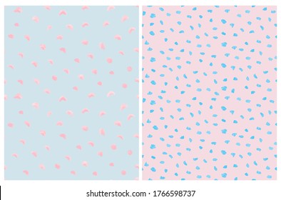 Cute Abstract Spots Vector Pattern. Irregular Brush Daubs on a Light Blue and Pink Backgrounds. Lovely Pastel Color Delicate Layouts. Funny Infantile Style Design.