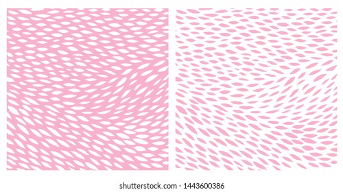 Cute Abstract Spots Vector Prints. White Irregular Brush Dots on a Light Pink Background. Pink Spots on a White. Lovely Pastel Color Delicate Layouts. Funny Infantile Style Design.