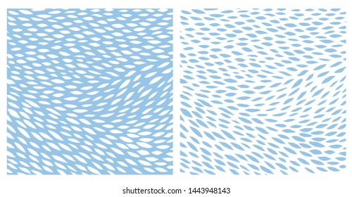 Cute Abstract Spots Vector Prints. White Irregular Brush Dots on a Light Blue Background. Blue Spots on a White. Lovely Pastel Color Delicate Layouts. Funny Infantile Style Design.