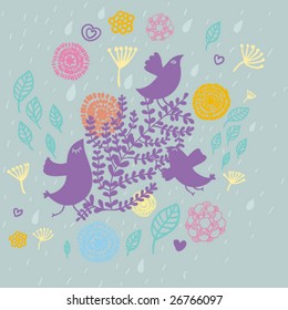 cute abstract spring composition in vector - birds in spring plants