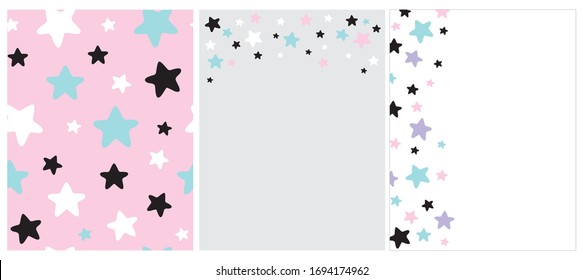 Cute Abstract Starry Sky Vector Pattern and 2 Layouts. White, Black and Blue Stars on a Light Pink Background. Pink, Blue, White and Blue Stars on a White and Light Gray. Funny Party Blanks. 