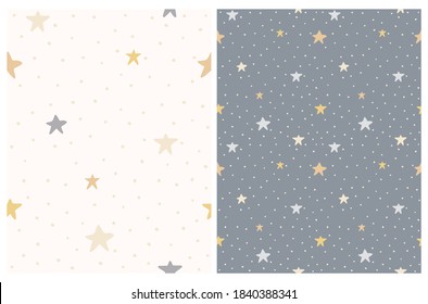 Cute Abstract Starry Sky Vector Patterns Set with Simple Hand Drawn Dots and Stars Isolated on a Dark Gray and Off-White Background. Funny Infantile Style Starry and Dotted Print ideal for Fabric.