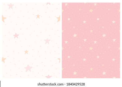 Cute Abstract Starry Sky Vector Patterns Set with Simple Hand Drawn Dots and Stars Isolated on a Pastel Pink and Light Cream Background. Funny Infantile Style Starry and Dotted Print ideal for Fabric.