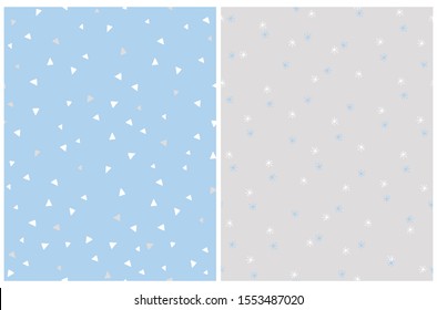Cute Abstract Stars and Tiny Triangles Seamless Vector Patterns. White Geometric Elements Isolated on a Blue and Gray Background.  Simple Pastel Color Print Ideal for Fabric, Textile, Wrapping Paper.