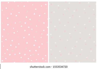 Cute Abstract Stars and Tiny Triangles Seamless Vector Patterns. White Geometric Elements Isolated on a Pink and Gray Background.  Simple Pastel Color Print Ideal for Fabric, Textile, Wrapping Paper.
