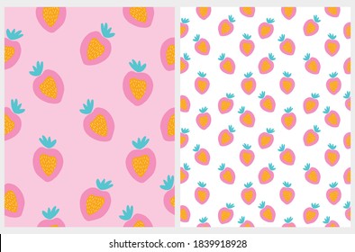 Cute Abstract Strawberries Vector Patterns Set. Simple Infantile Style Sweet Fruits Print ideal for Fabric, Textile. Funny Hand Drawn Strawberries Isolated on a White and Pastel Pink Background.