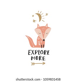 Cute abstract stylized fox and moon. Postcard template. Clipart, isolated vector illustration.