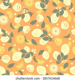 Cute Abstract Summer Citrus Lemon Tree Branch Vector Graphic Illustration Seamless Pattern for Background and Apparel Design