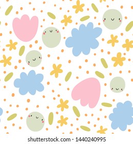 Cute abstract texture with different shapes. Seamless vector pattern with clouds, cute faces and dots. Nice design for children.