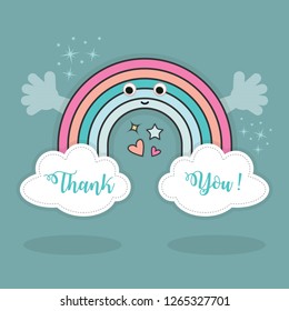 Cute abstract Thank You rainbow and clouds with open hands, hearts and stars sparkles in the sky with shadows on blue teal background
