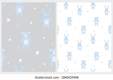 Cute Abstract Toys Seamless Vector Patterns Set with Simple Hand Drawn Bunny and Bear Isolated on a Dark Gray and White Background. Funny Infantile Style Animals Print ideal for Fabric, Textile.