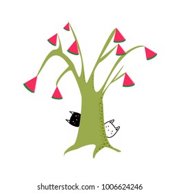 Cute abstract tree with leaves in shape of watermelon with black and white cats cartoon style isolated vector illustration