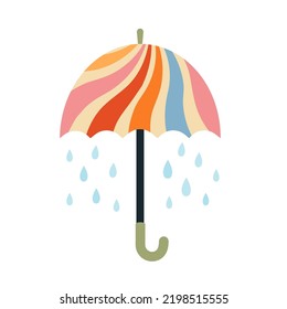 Cute abstract umbrella with falling rain drops. Colored children's illustration in flat style. Retro groovy striped pattern. Vector illustration isolated on white background