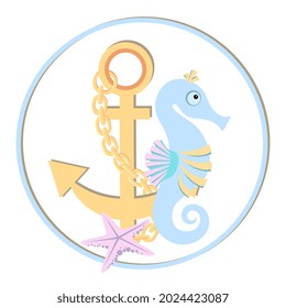 Cute abstract underwater composition. Ship anchor with chain and blue sea horse and starfish. Pastel color. Sea collection. Cartoon style. Vector illustration.