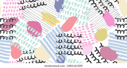 Lindo Vector abstracto colorido sin patrón con textura dibujado a mano Formas caóticas y líneas. Textura lúdica para el diseño textil de los niños, papel de envoltura, superficie, Fondo de pantalla, fondo