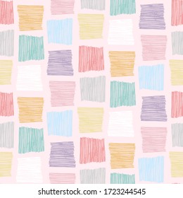 Cute abstract vector colorful textured hand drawn scribble square shape seamless pattern. Modern pastel colors texture for kids textile design, wrapping paper, surface, wallpaper, background