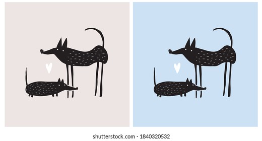 Cute Abstract Vector Illustrations Set with Simple Infantile Style Black Dogs Isolated on a Beige and Pastel Blue Background.  Funny Hand Drawn Dogs Print ideal for Card, Wall Art, Poster.