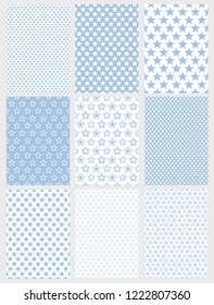 Cute Abstract Vector Patterns Set. 9 Various Geometric Star Designs. White and Light Blue Pastel Color. Simple Two Colors Graphic. Abstract Geometric Seamless Vector Patterns. Basic Print.