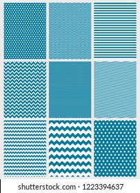 Cute Abstract Vector Patterns Set. 9 Various Geometric Designs. White and Blue Color. Simple Two Colors Graphic. Chevron, Stripes and Dots. Abstract Geometric Seamless Vector Patterns. Basic Print.