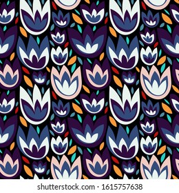 Cute abstract vector seamless floral pattern with flowers and leaves. Colorful ethnic print in simple Scandinavian style. Tulips on dark background.  Vector.