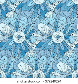 Cute abstract vector seamless pattern of blue flowers.