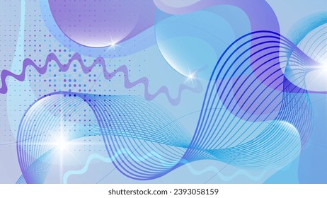 Cute abstract wallpaper in purple and blue tones. Flashes of light, intertwining wavy lines against a background of overlapping abstract shapes and mixing of colors. Vector.