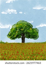 cute abstract watercolor illustration of colorful soft pastel tree with cloud blue sky, flower garden field, meadow hill scenery background wallpaper
