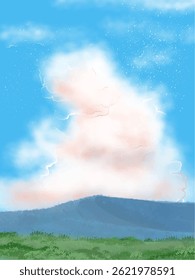 cute abstract watercolor illustration of colorful soft pastel blue with cloud sky, flower garden field, meadow hill scenery background wallpaper
